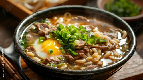 Dishes of American cuisine. Soup with pasta, green onions, beef and fried eggs.