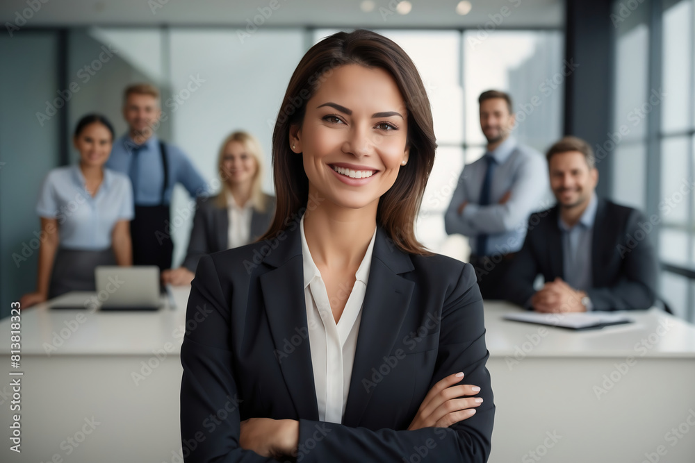 Confident Businesswoman with Arms Crossed Smiling in Modern Office with Her Team in Background Confident Businesswoman with Arms Crossed Smiling in Modern Office with Her Team in Background