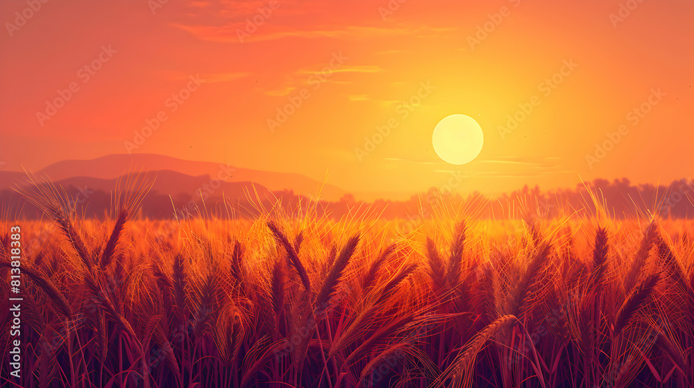 Golden Field Sunset: The setting sun bathes a golden wheat field in warm light highlighting the end of a day in the countryside. Flat design backdrop concept.