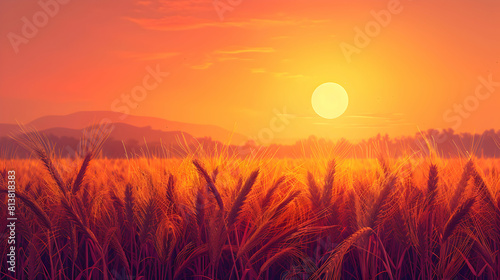 Golden Field Sunset: The setting sun bathes a golden wheat field in warm light highlighting the end of a day in the countryside. Flat design backdrop concept.