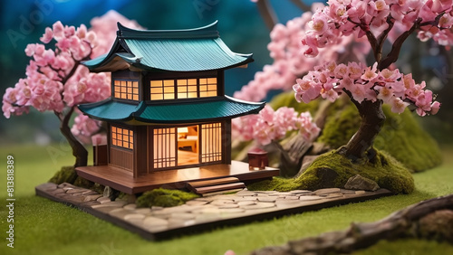Japanese vintage house 3D cartoon design illustration. Japan miniature asian home building with pond, river, pink cherry blossom and fuji mountain concept. 3D animation background photo