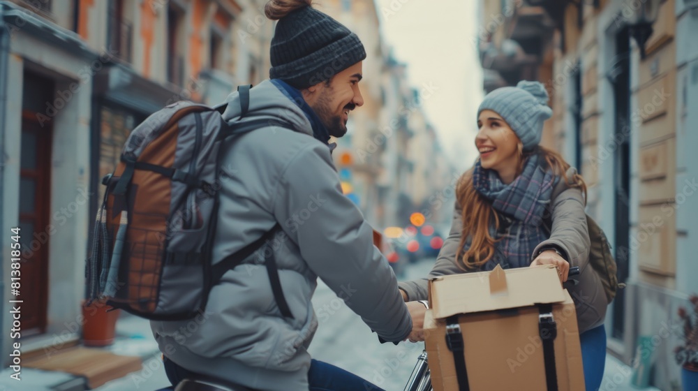 A delivery man wearing a thermal backpack delivers a restaurant order to a beautiful female customer. A courier delivers a takeaway lunch to a gorgeous girl in an urban setting.
