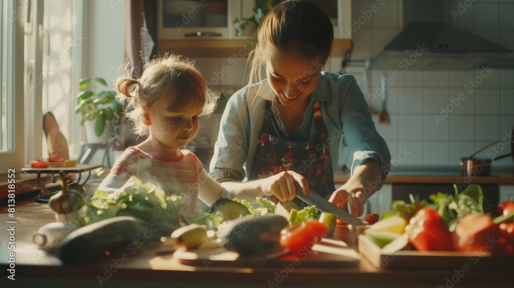 Cute Little Daughter Helping Her Caring Parents Cook Together Healthy Dinner. Mother Teaches Little Girl Healthy Habits and How to Cut Vegetables for Salads.