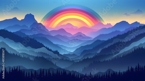 breathtaking rainbow stretching across high mountain vista after storm: hope and renewal concept flat design illustration