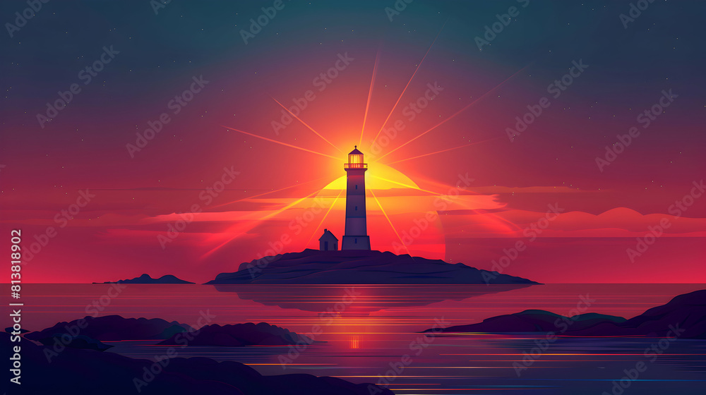 Flat Design Backdrop: Lighthouse Sunset Watch A Historic Beacon guiding Sailors Home under the Setting Sun, Flat Illustration Concept Flat Design Backdrop: Lighthouse Sunset Watch A Historic Beacon guiding Sailors Home under the Setting Sun, Flat Illustration Concept