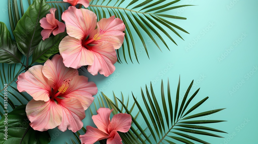 Hibiscus flat design front view, tropical theme, 3D render, colored pastel