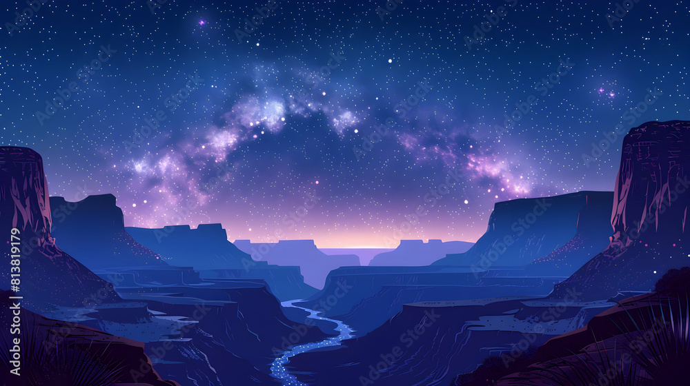 Stunning Flat Design Backdrop: Milky Way Arch Over Canyon � Celestial Display Lighting Up the Night Sky in Flat Illustration Style