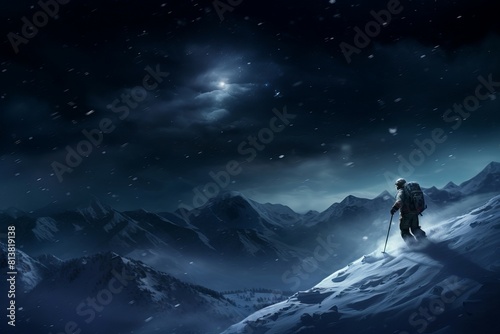 Solitary hiker traverses a snow-covered mountain range under a starry night sky © juliars