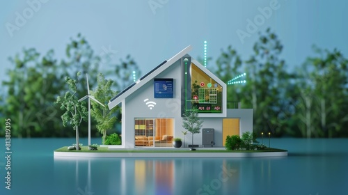 A smart home system showcasing its energy-saving capabilities, monitoring and optimizing energy consumption for a more sustainable home.