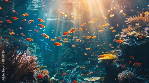 Underwater world full of life. Colorful fishes of all shapes and sizes swim around a beautiful coral reef. The water is crystal clear. photo
