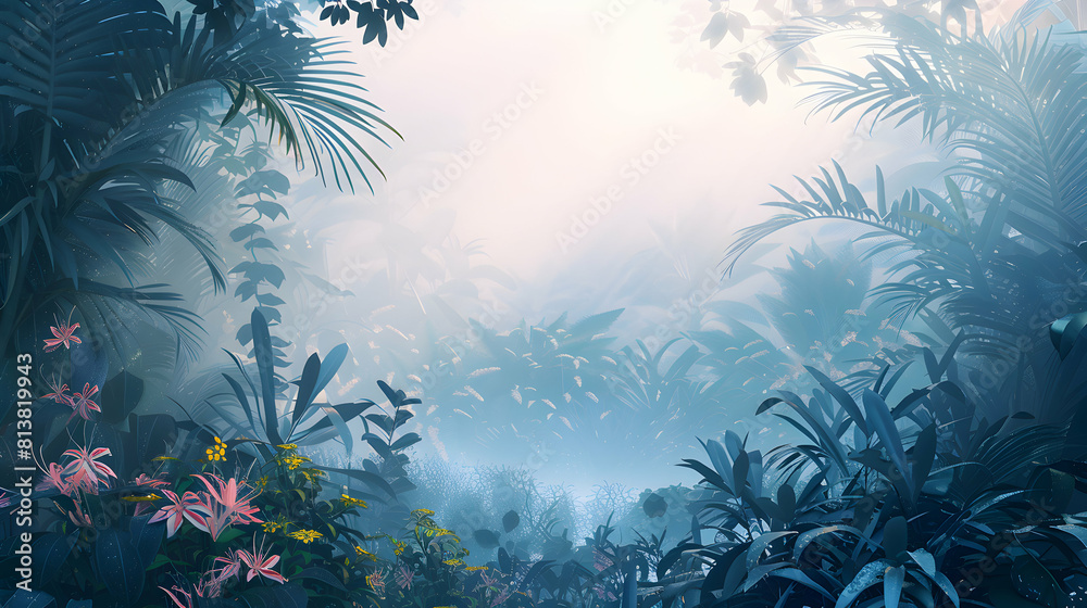 Botanical Garden Bliss: A Misty Morning of Floral Wonder   Flat Design Backdrop Featuring a Stunning Array of Plant Life at Dawn