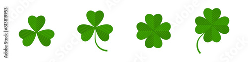 Flat shamrock icons set. Clover three and four leaves logo. Green floral symbol.