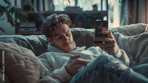 He is playing a first person shooter video game while lying on a couch, holding his smartphone horizontally in landscape mode. Point of view shot.
