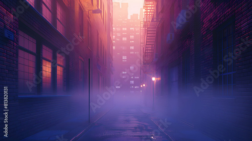 Misty Morning City Alley: A Mysterious Urban Exploration in Flat Design Backdrop