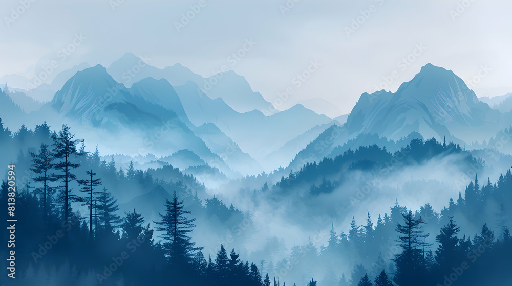 Misty Mountain Pass: A flat design backdrop showcasing an adventurous and mysterious mountain pass shrouded in mist   flat illustration concept