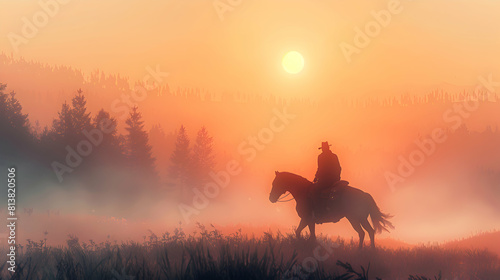 Misty Morning Horse Ride  A Symbol of Freedom and Early Adventure   Flat Design Concept Featuring a Horse and Rider Emerging from the Morning Mist