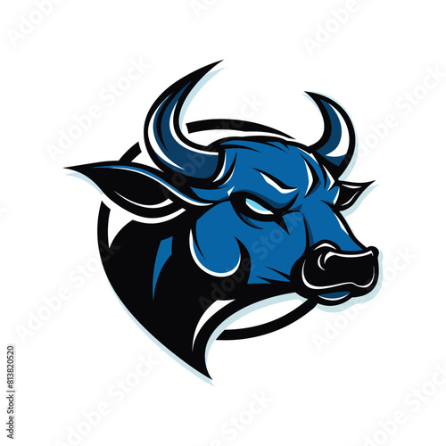 Vector design of angry blue cow head on white background facing sideways