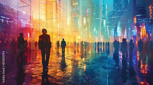 Cityscapes of the future. People walking in a colorful city. Reflections in the glass.