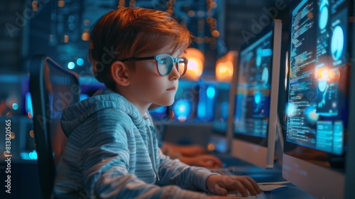 A smart little schoolboy works on a computer, learning programming language for software coding. Schoolchildren are getting a modern education through computer science classes.