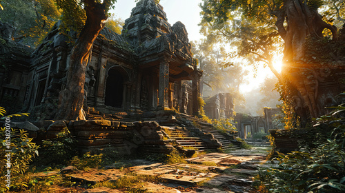 A Silent Ancient Ruined Temple in Forest Landscape Background