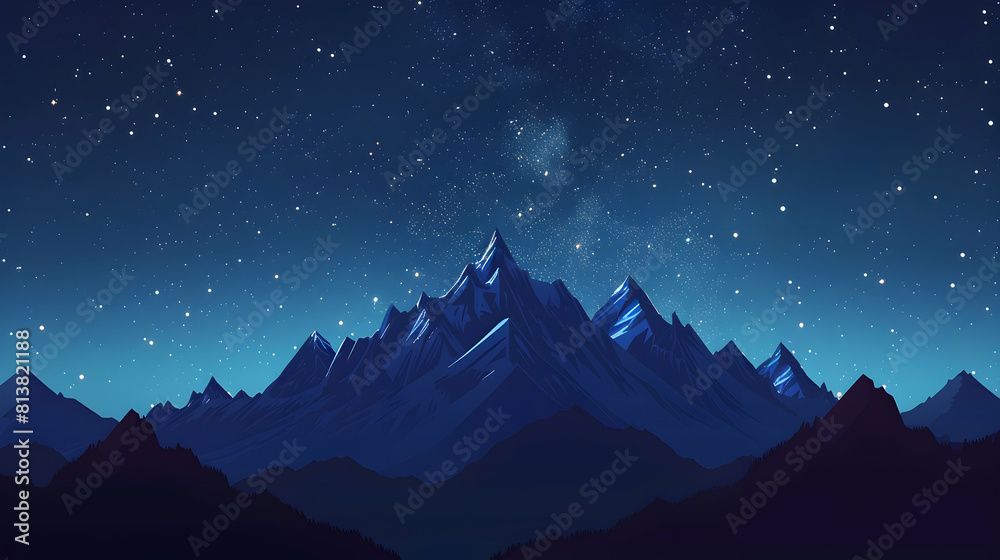 Starry Mountain Ridge: Flat Design Backdrop with Stars Twinkling Above a Rugged Mountain Range, Natural Starry Border   Illustration