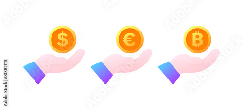 Money in the palm of the hand icons. Dollar, euro and bitcoin coins icons. Flat Style. Vector icons