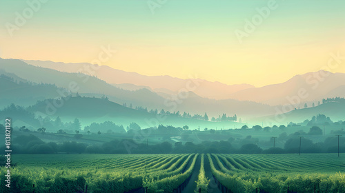 Morning Mist Over Vineyards  Captivating Flat Design Backdrop Enhancing the Allure of Wine Country Landscape with Quiet Vineyards   Flat Illustration Concept