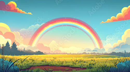 Morning Rainbow Over Meadows  Early morning dew and sunlight creating a stunning rainbow  symbolizing hope and freshness. Flat design backdrop illustration.