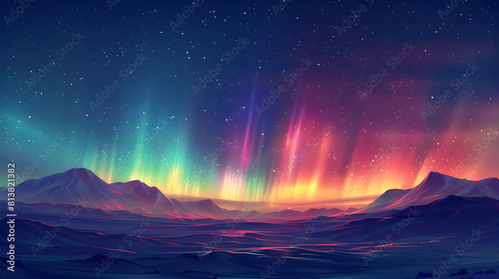 Mesmerizing Spectacle: Northern Lights and Starry Sky Illuminating the Arctic in Flat Design Backdrop, Capturing Colorful Dance of Light