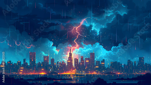 Nighttime City Thunder: A Cityscape Lit by Lightning, Illustrating Urban Resilience Flat Design Backdrop