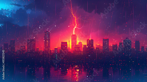 Flat Design Backdrop: Nighttime City Thunder Concept A cityscape at night brightly illuminated by a crack of lightning, showcasing urban resilience. Flat illustration depicting t
