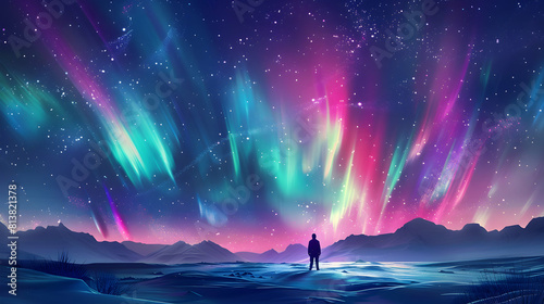 The Northern Lights dance beneath a starry sky creating a mesmerizing spectacle of color and light in the arctic. Flat design backdrop Northern Lights and Starry Sky concept. photo