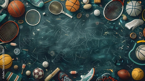 A chalkboard background with sports equipment and items scattered around it, such as balls, shoes, rackets, sticks
 photo