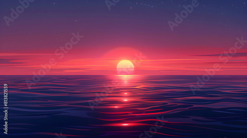 Oceanic Sunset Splendor: The sun dipping below the ocean horizon, casting vibrant hues across water and sky in a stunning flat design backdrop illustration