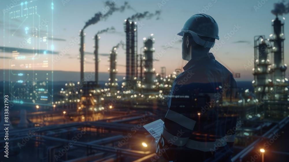 Engineer Overlooking Refinery at Dusk