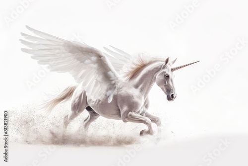Mystical winged unicorn photo on white isolated background