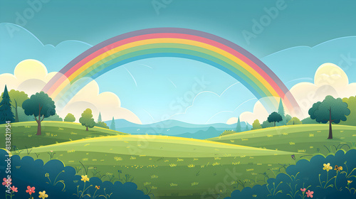 Flat Design Backdrop  Rainbow Over Rolling Hills   Gentle rolling hills come alive with a rainbow in a rural delight. Flat illustration concept.