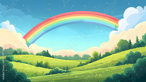 Gentle Rolling Hills Enhanced by Rainbow in Rural Delight   Flat Design Backdrop Concept with Colorful Illustration