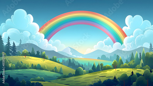 Vibrant Flat Design Backdrop: Rainbow Over Rolling Hills A Rural Delight with Gentle Hills and Colorful Sky Flat Illustration Concept