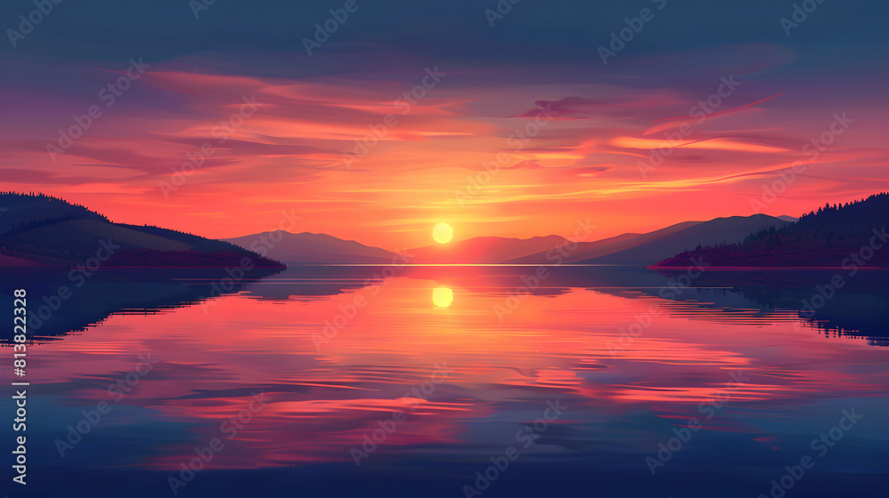 Reflective Lake Sunset: The setting sun creates a perfect mirror image on the calm lake   Flat design backdrop concept