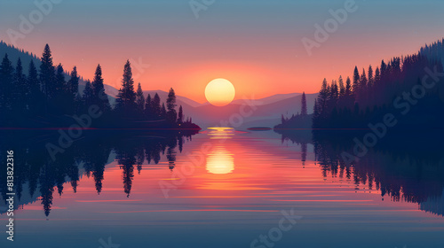 Tranquil Lake Sunset Reflection in Flat Design: Sun s Reflections Create Perfect Mirror Image of Evening Sky Conceptual flat illustration