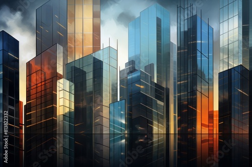 Reflective skyscrapers bask in the warm hues of a city sunset  creating a dramatic urban skyline