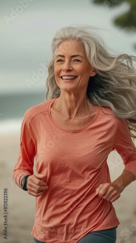 Seniorita happy woman going for a run and living a healthy lifestyle for longevity, halfbody shot, located at beach