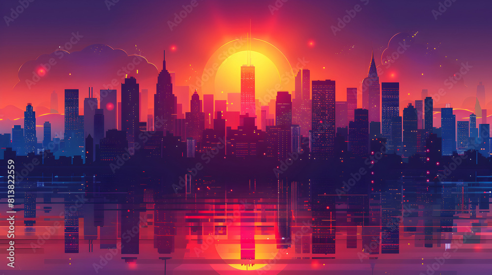 Splendid Skyscraper Sunset Reflections: A Stunning Flat Design Backdrop Transforming the City Skyline into a Canvas of Oranges and Purples Splendid Skyscraper Sunset Reflections: A Stunning Flat Design Backdrop Transforming the City Skyline into a Canvas of Oranges and Purples