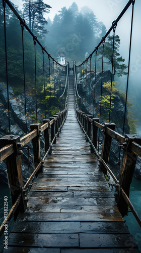 A Suspension Bridge in Rainforest Landscape on Blurry Background