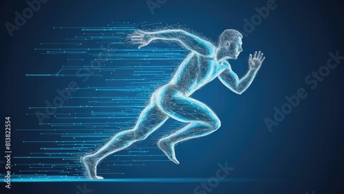 Futuristic silver cyber man run with high velocity