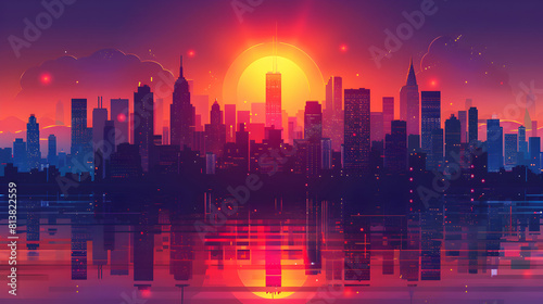 Splendid Skyscraper Sunset Reflections  A Stunning Flat Design Backdrop Transforming the City Skyline into a Canvas of Oranges and Purples
