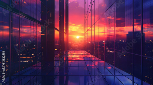 Dusk Reflections  Sunset Painted Skyscraper Cityscape   Flat Design Backdrop Concept