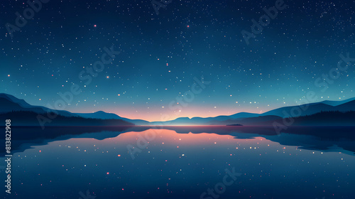 Starry Lake Reflections: Stars Reflecting on Glassy Surface, Doubling Spectacle, Enhancing Night s Tranquility Flat Design Backdrop Concept