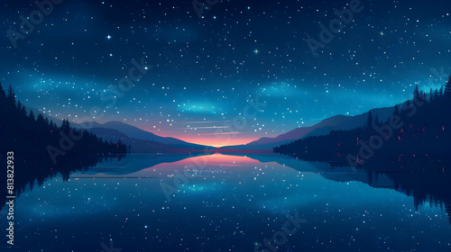 Starry Lake Reflections: Stars Reflecting on Glassy Surface of a Serene Lake   Enhancing Night s Tranquility with Flat Design Backdrop and Illustration © Gohgah